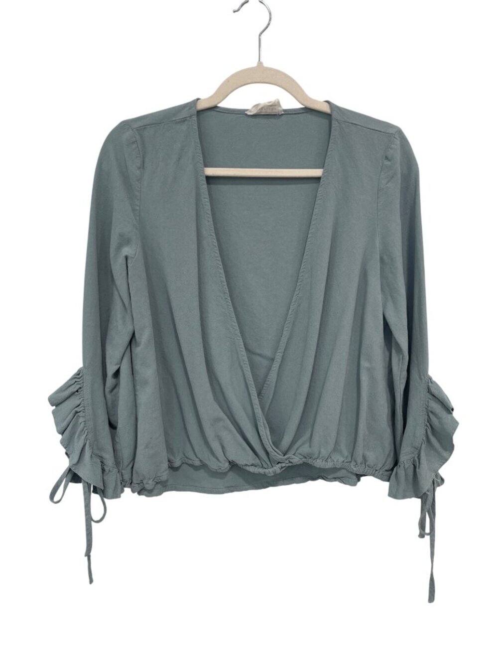 Loveriche Cropped Top Medium Wrap Ruffle Sleeves Slate Blue Cotton Modern Trendy
